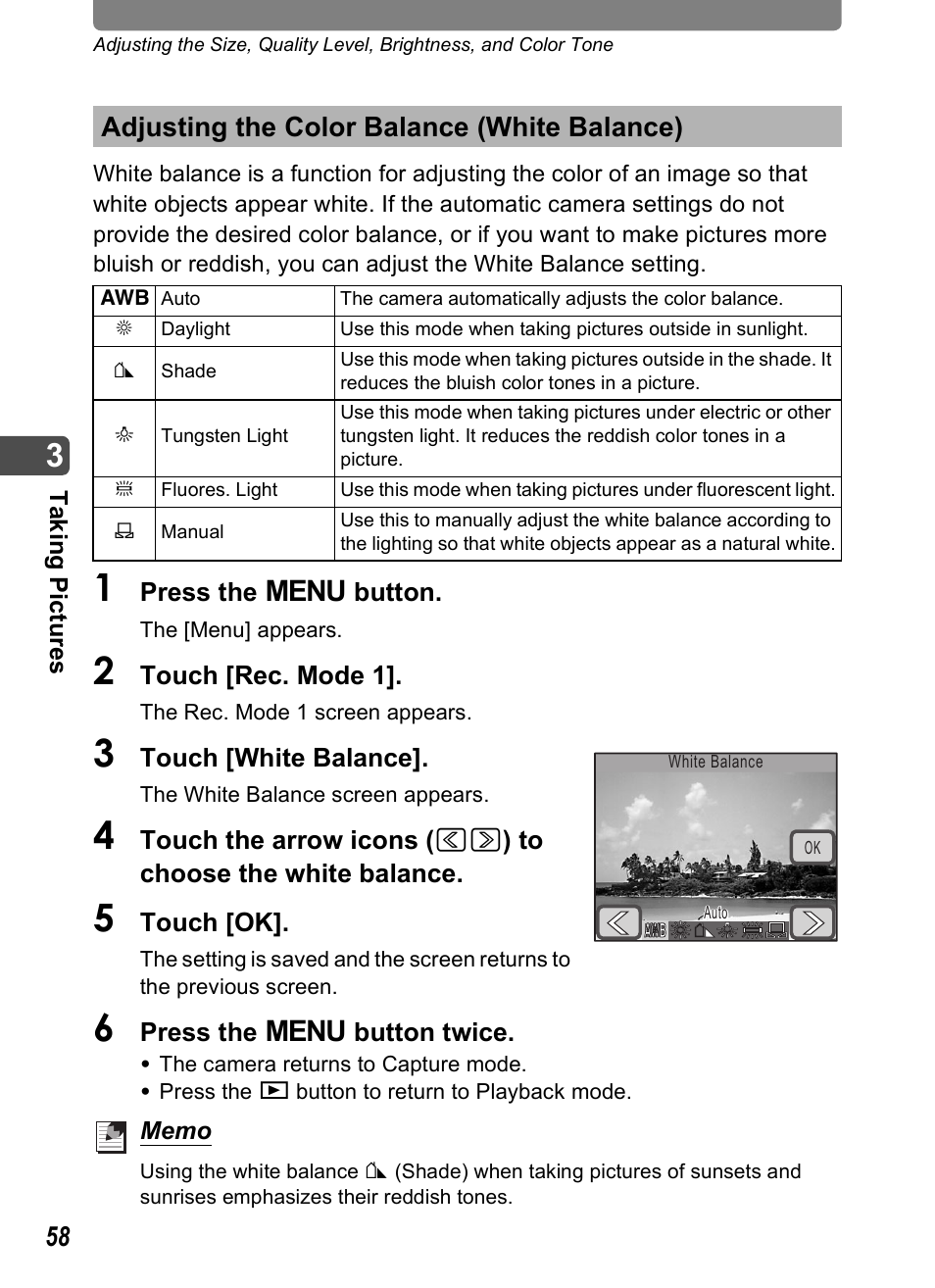 Adjusting the color balance (white balance), P.58), P.58 | Pentax Optio T20 User Manual | Page 60 / 168