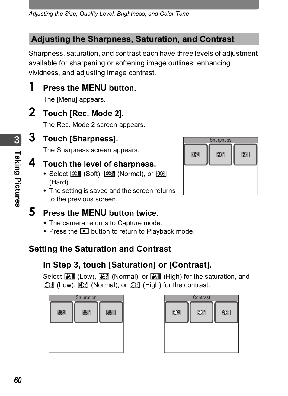 Adjusting the sharpness, saturation, and contrast, P.60, P.60) | Pentax Optio T20 User Manual | Page 62 / 168