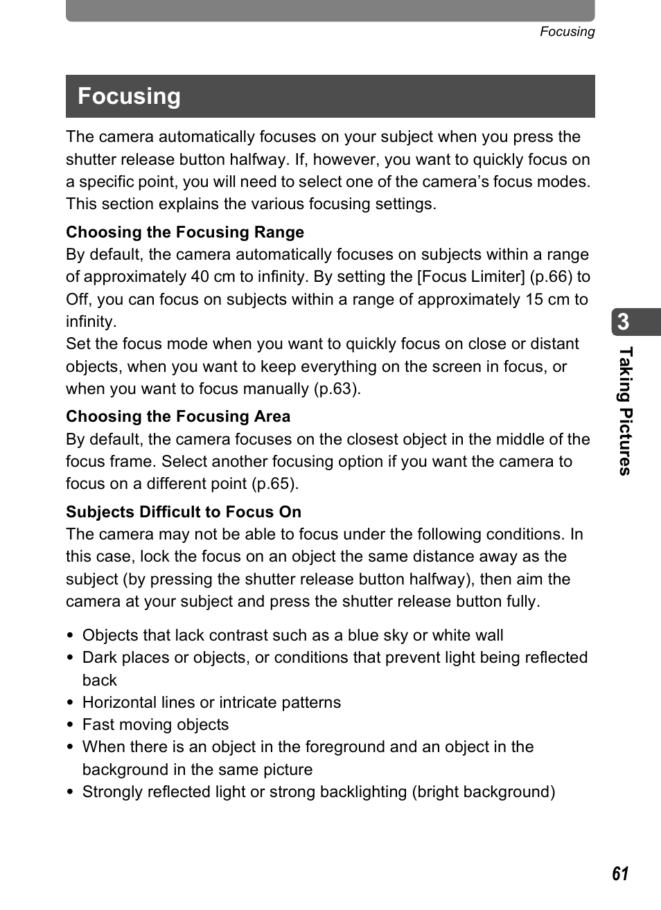 Focusing | Pentax Optio T20 User Manual | Page 63 / 168