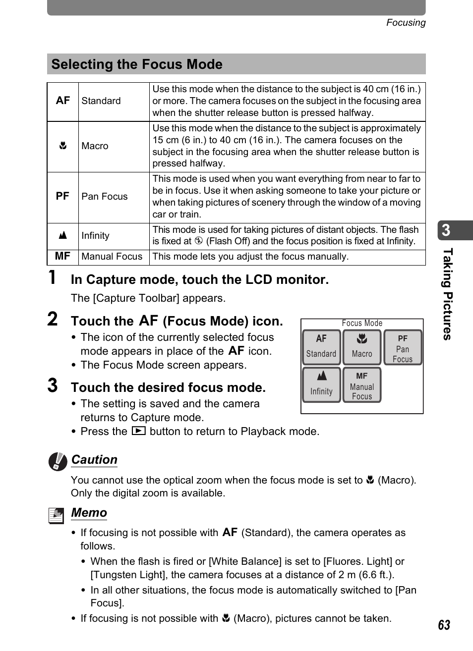 Selecting the focus mode, P.63, Touch the = (focus mode) icon | Touch the desired focus mode | Pentax Optio T20 User Manual | Page 65 / 168