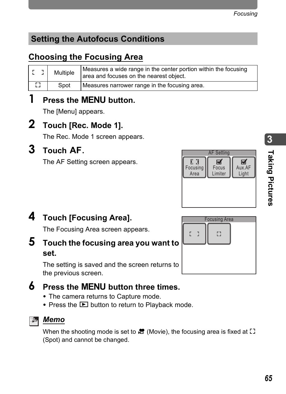 Setting the autofocus conditions, P.65), P.65 | Pentax Optio T20 User Manual | Page 67 / 168