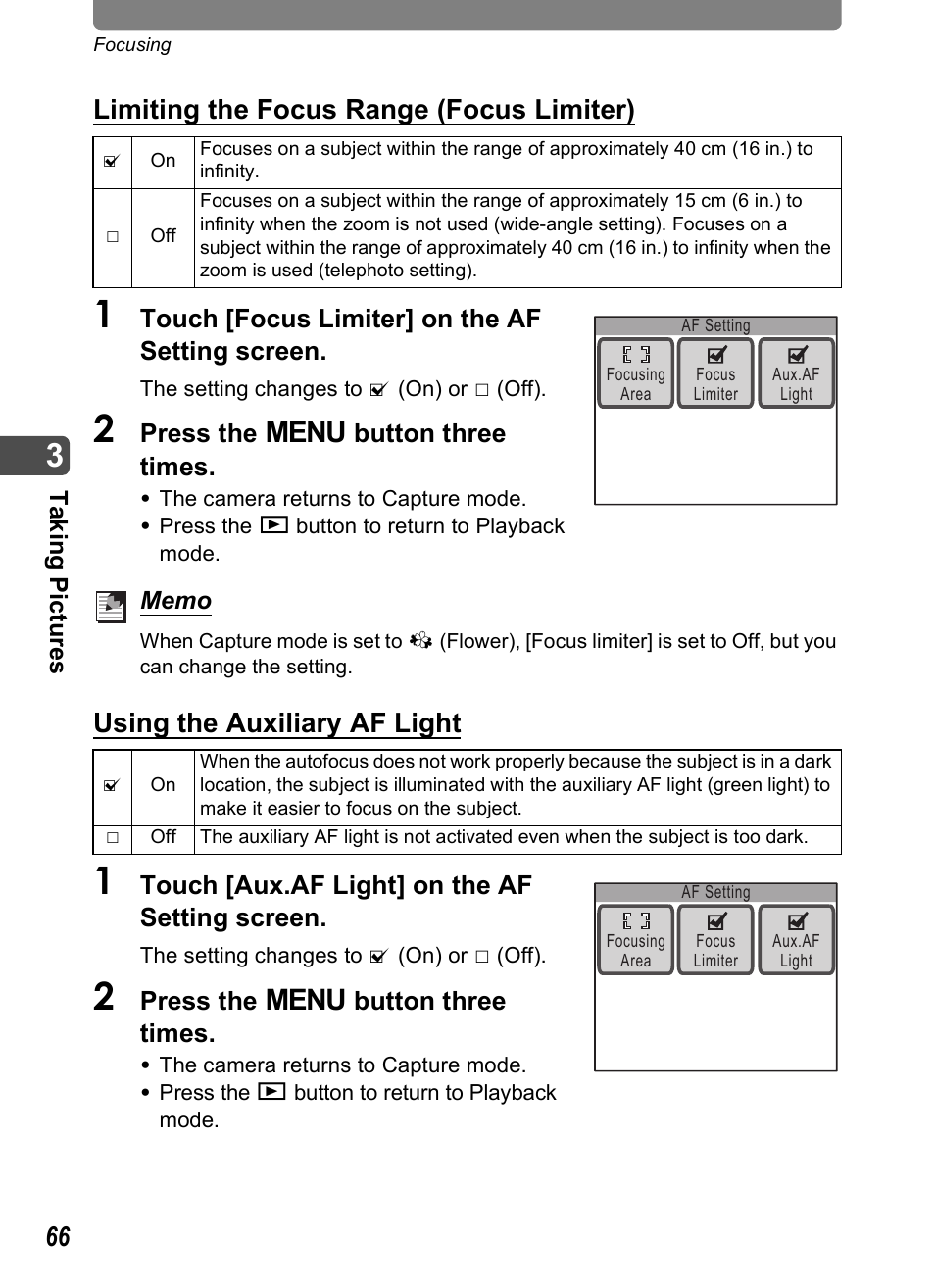 P.66), P.66, Limiting the focus range (focus limiter) | Using the auxiliary af light, Touch [focus limiter] on the af setting screen, Press the 3 button three times, Touch [aux.af light] on the af setting screen | Pentax Optio T20 User Manual | Page 68 / 168