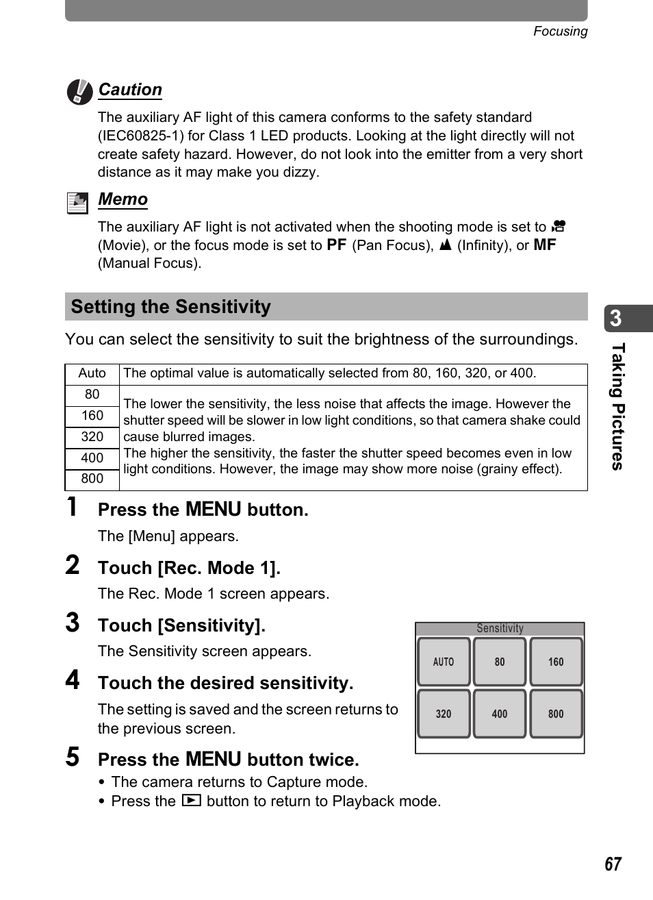 Setting the sensitivity, P.67 | Pentax Optio T20 User Manual | Page 69 / 168