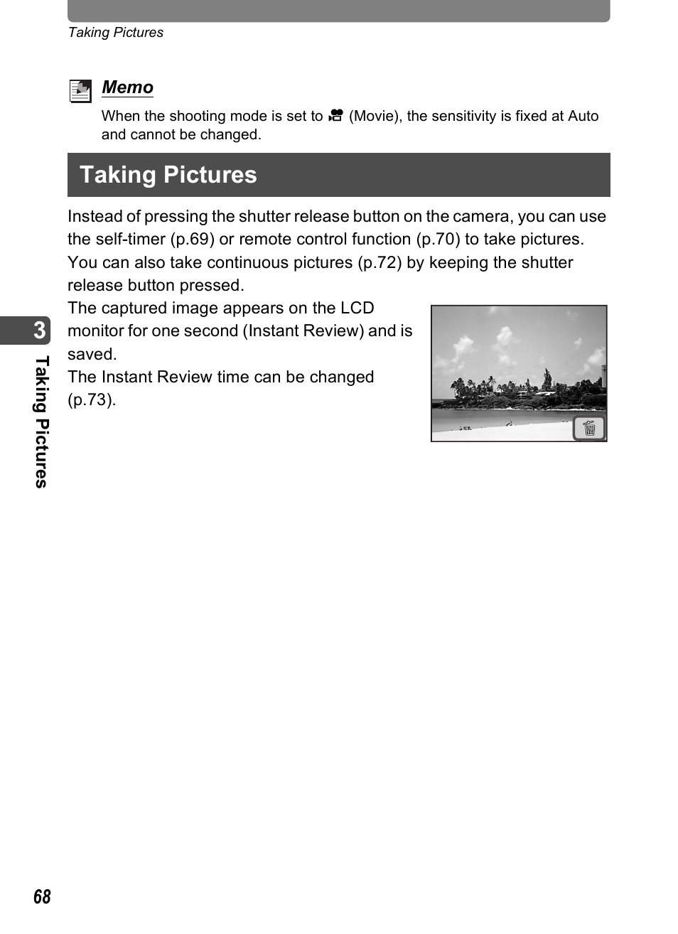Taking pictures | Pentax Optio T20 User Manual | Page 70 / 168