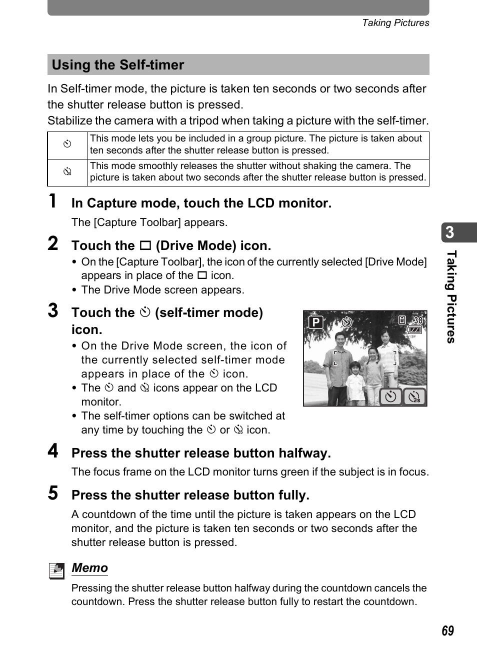 Using the self-timer, P.69, p, P.69) | P.69 | Pentax Optio T20 User Manual | Page 71 / 168