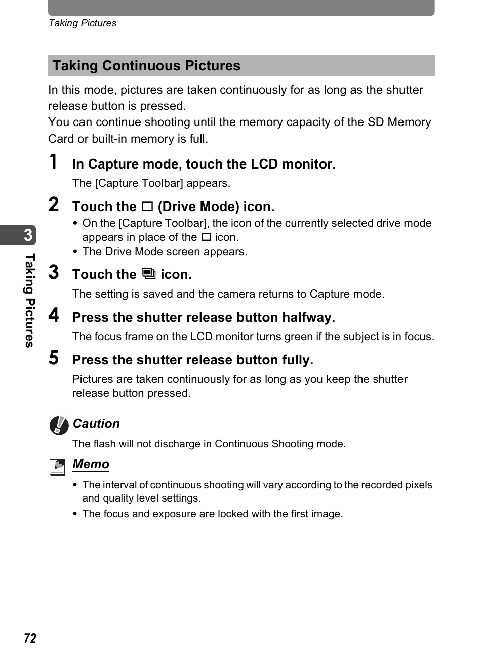 Taking continuous pictures, P.72), P.72 | Pentax Optio T20 User Manual | Page 74 / 168