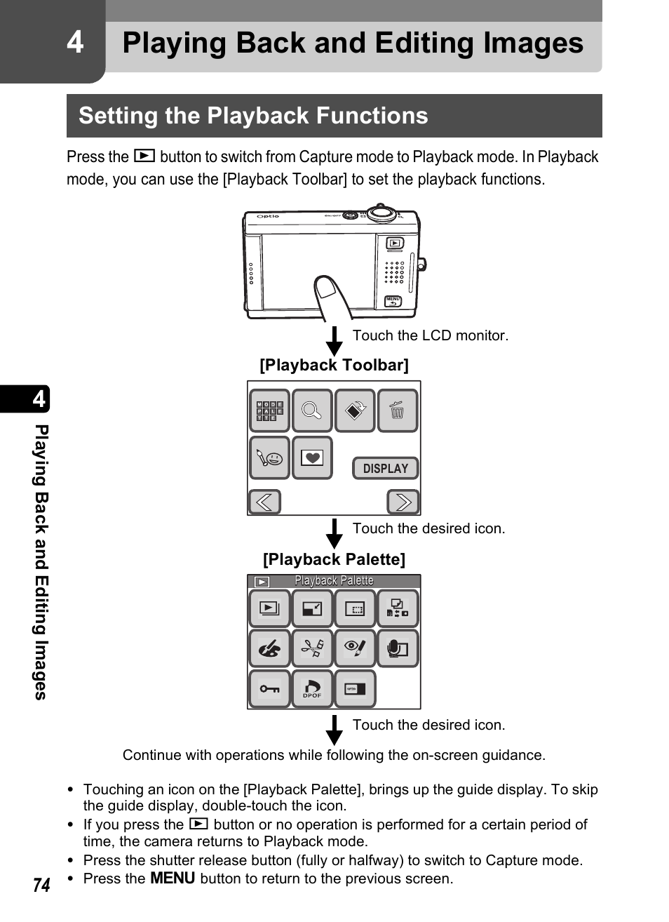 Playing back and editing images, Setting the playback functions, P.74 | P.74), 4 playing back and editing images | Pentax Optio T20 User Manual | Page 76 / 168