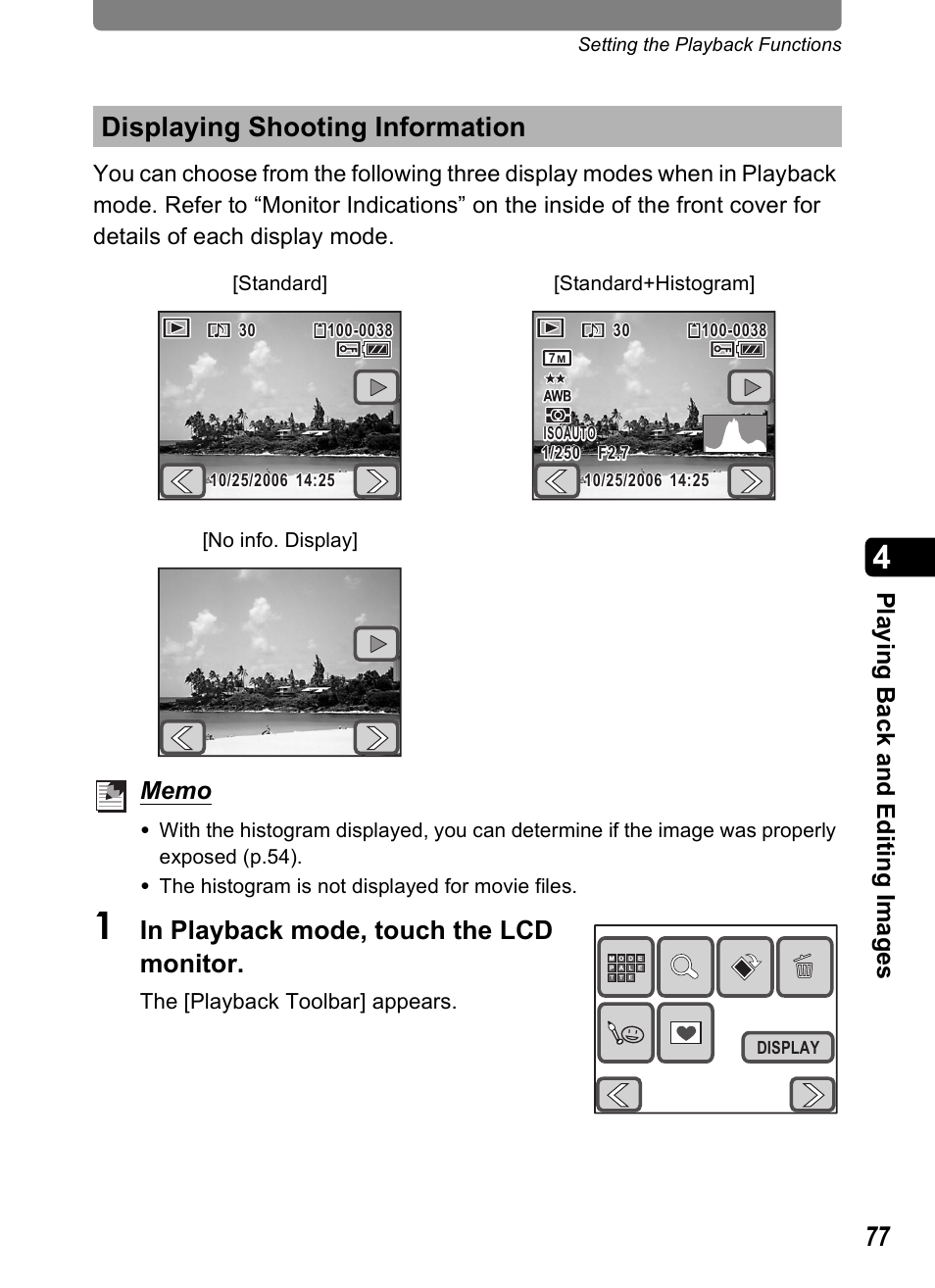 Displaying shooting information, P.77), P.77 | Pla y ing b ack an d edit ing i m ag es | Pentax Optio T20 User Manual | Page 79 / 168