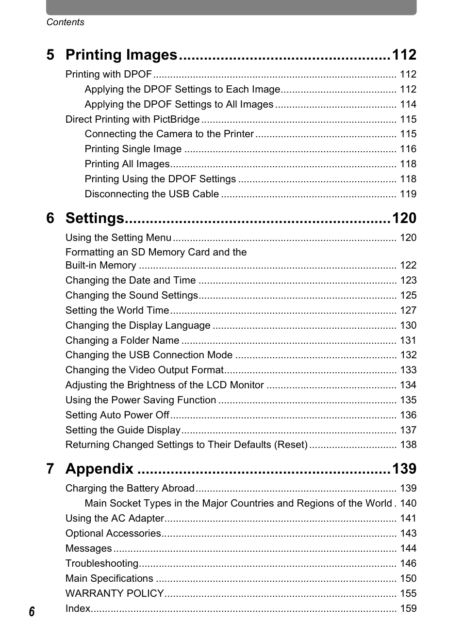 5 printing images, 6 settings, 7 appendix | Pentax Optio T20 User Manual | Page 8 / 168
