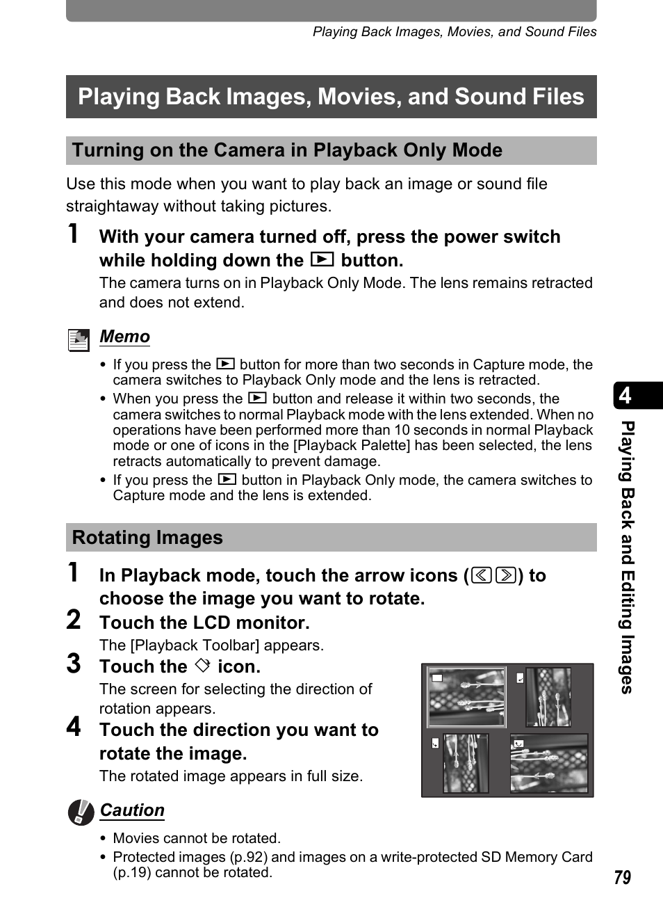 Playing back images, movies, and sound files, Turning on the camera in playback only mode, Rotating images | P.79), P.79 | Pentax Optio T20 User Manual | Page 81 / 168