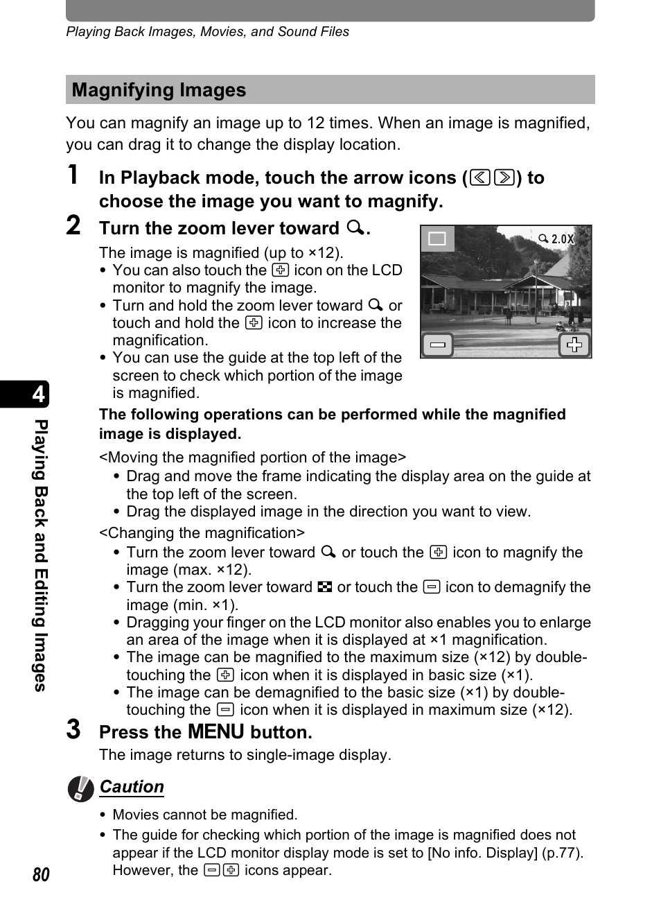 Magnifying images, P.80 | Pentax Optio T20 User Manual | Page 82 / 168