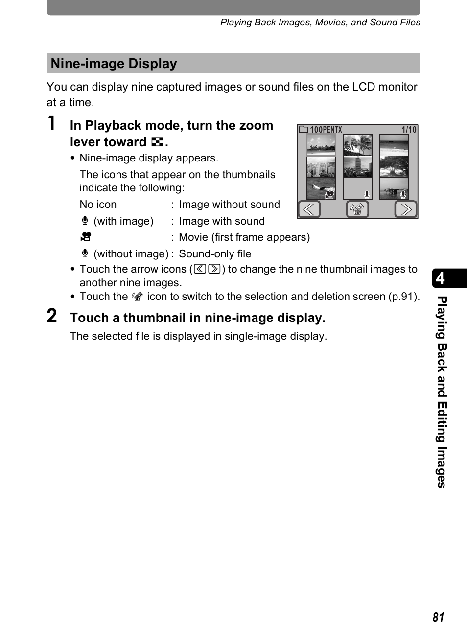 Nine-image display, Ay (p.81) | Pentax Optio T20 User Manual | Page 83 / 168