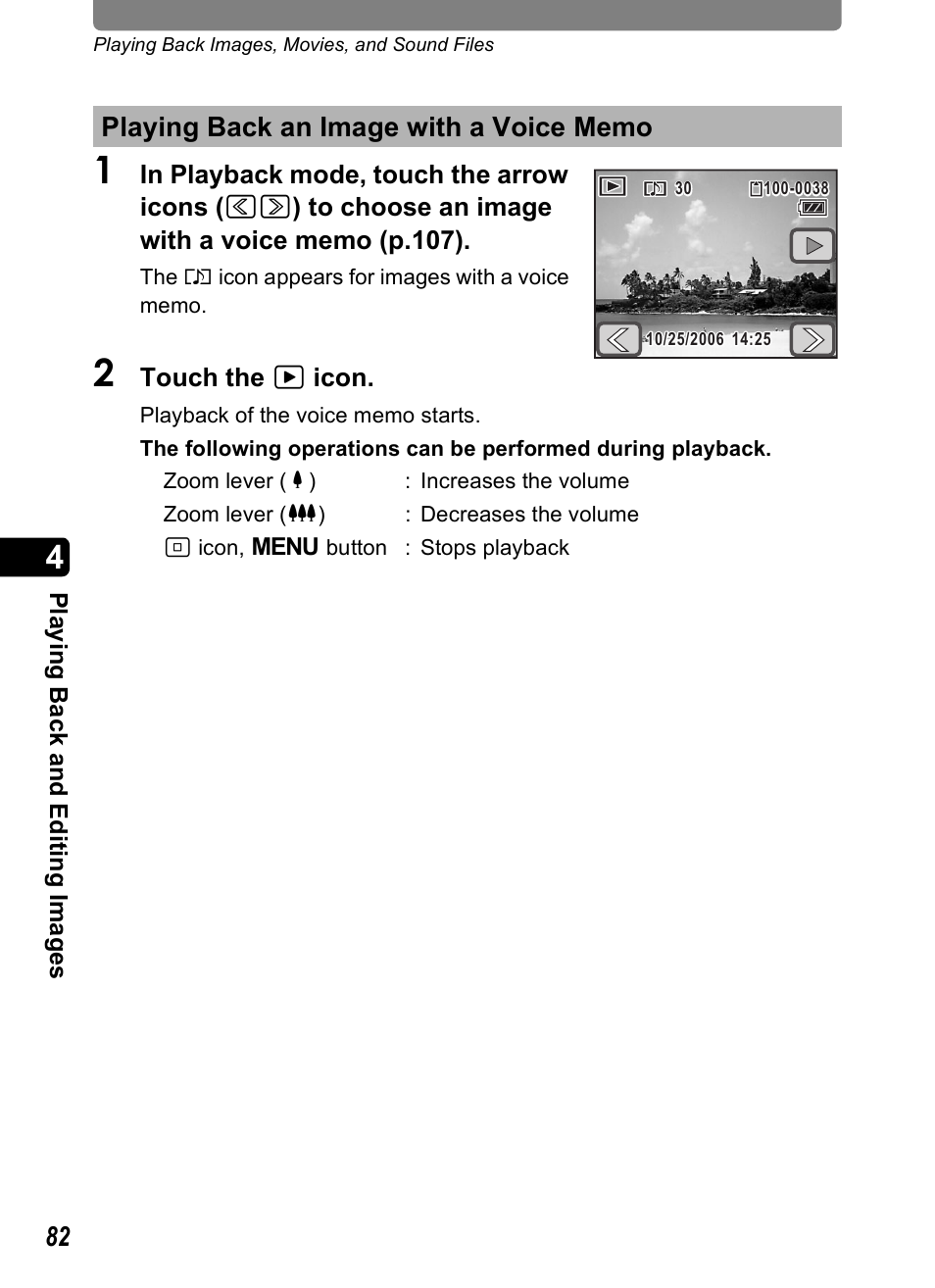 Playing back an image with a voice memo | Pentax Optio T20 User Manual | Page 84 / 168