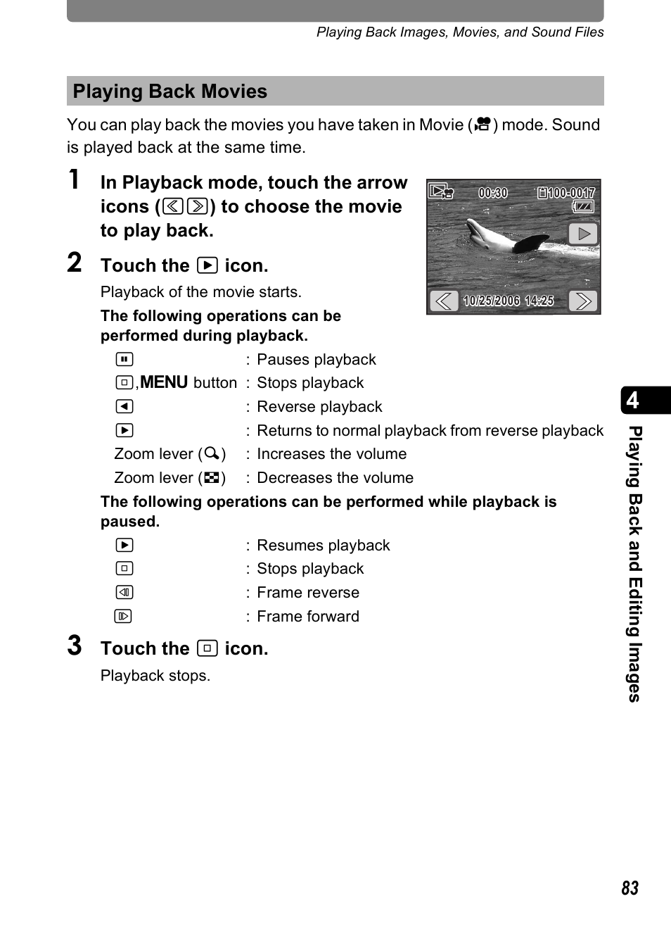 Playing back movies, P.83) | Pentax Optio T20 User Manual | Page 85 / 168
