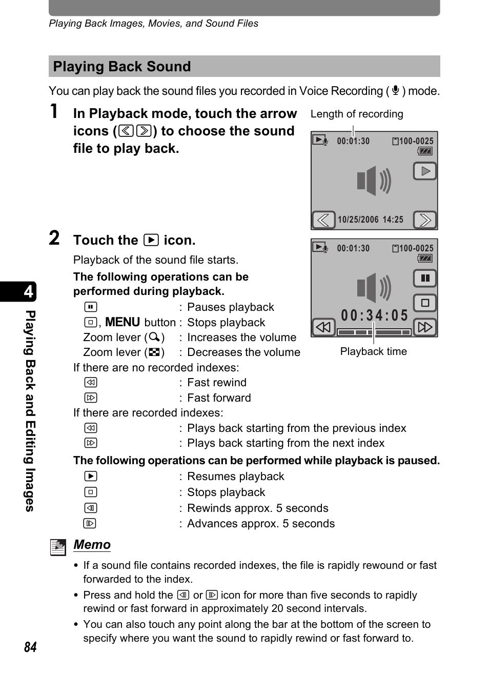 Playing back sound | Pentax Optio T20 User Manual | Page 86 / 168