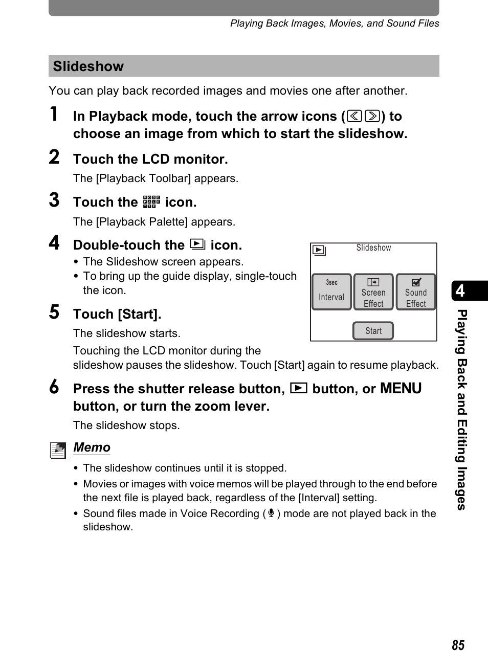 Slideshow, P.85), P.85 | Pentax Optio T20 User Manual | Page 87 / 168