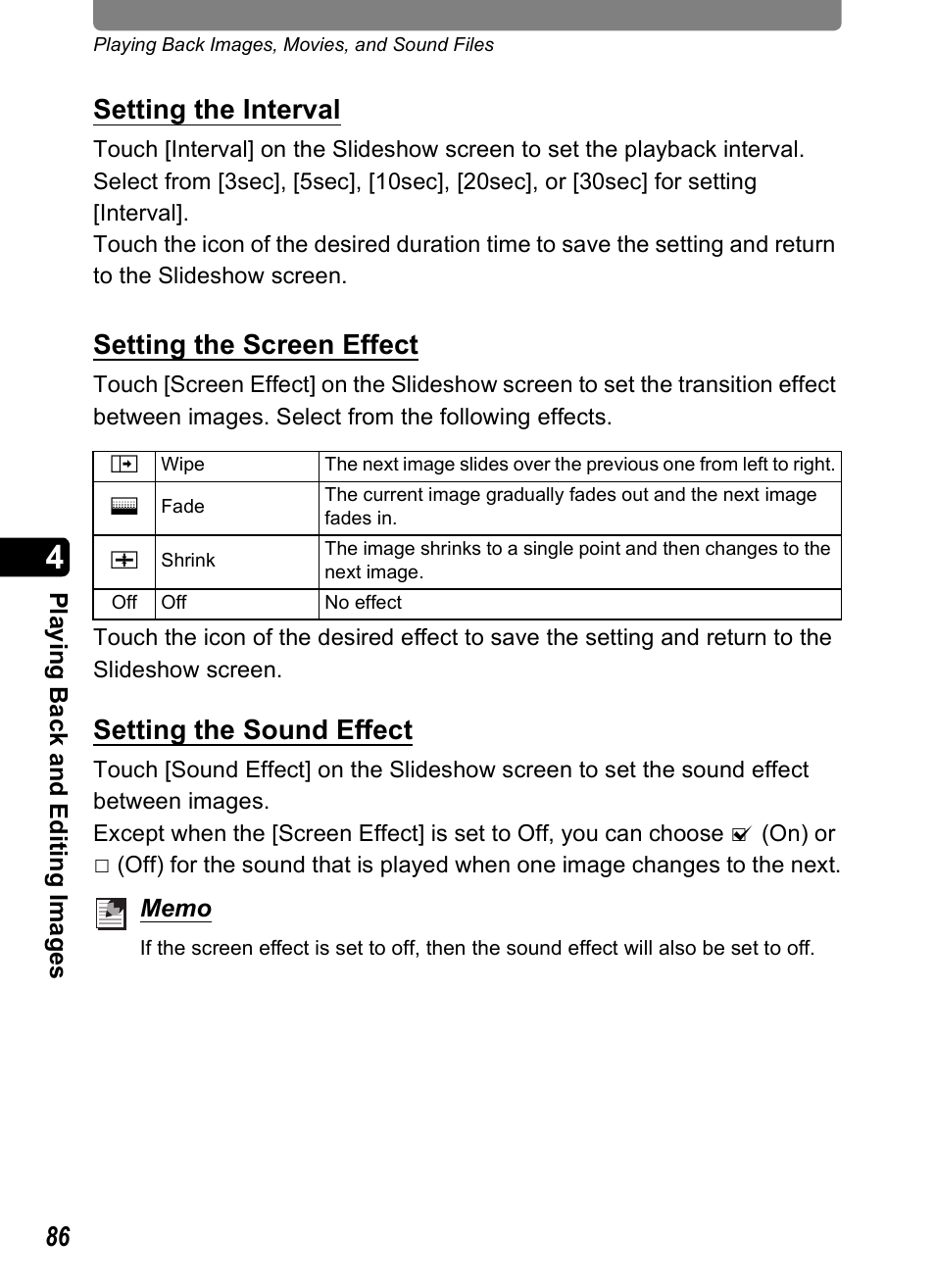 Setting the interval, Setting the screen effect, Setting the sound effect | Pentax Optio T20 User Manual | Page 88 / 168