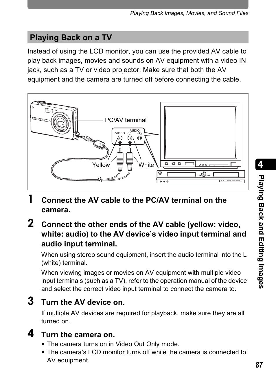 Playing back on a tv, P.87, P.87) | Pentax Optio T20 User Manual | Page 89 / 168