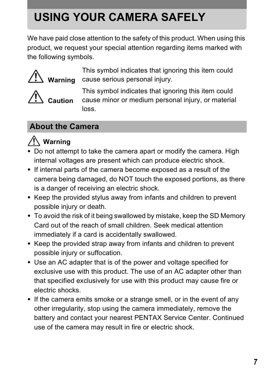 Using your camera safely, About the camera | Pentax Optio T20 User Manual | Page 9 / 168