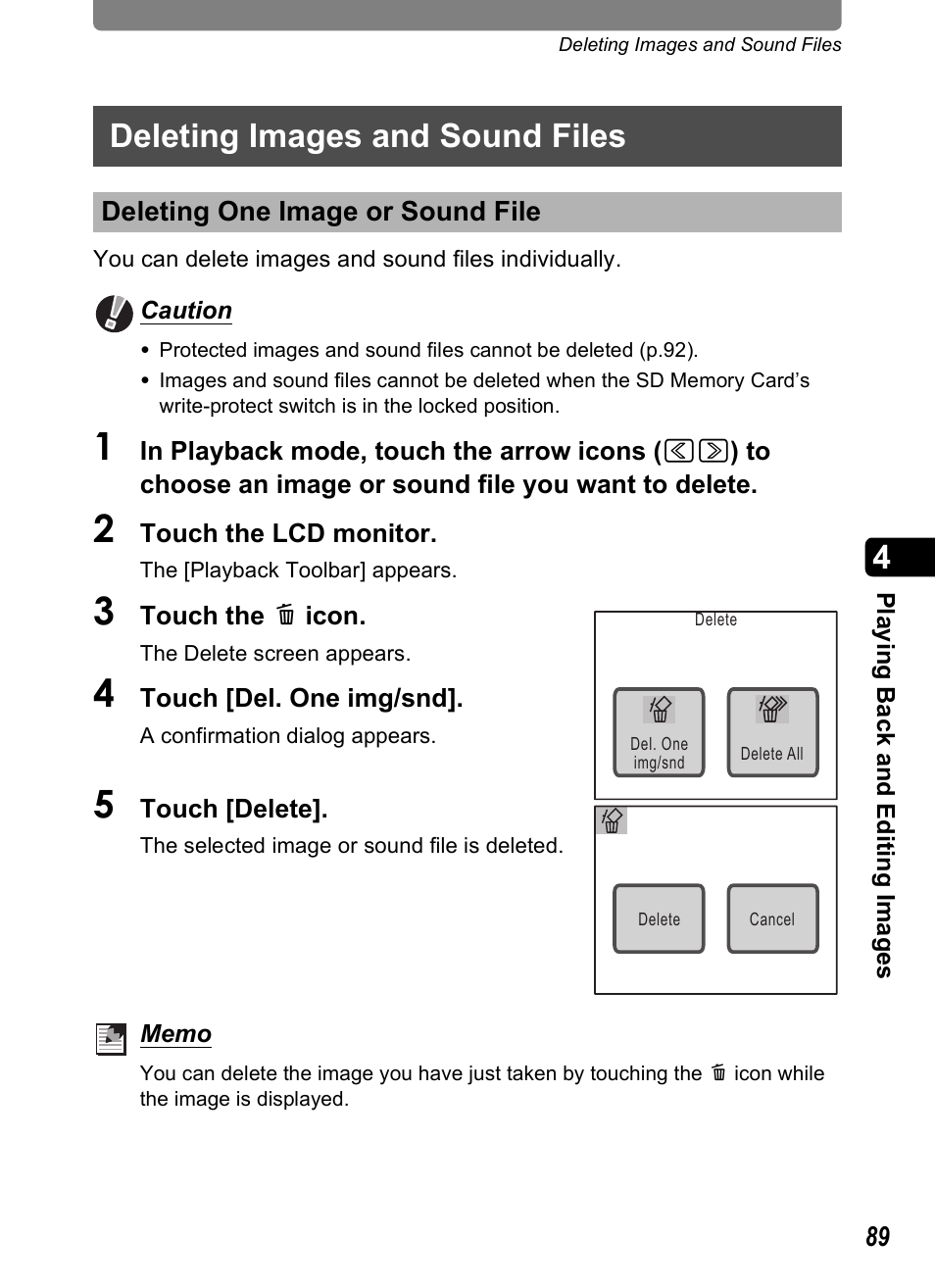 Deleting images and sound files, Deleting one image or sound file, P.89 | Pentax Optio T20 User Manual | Page 91 / 168