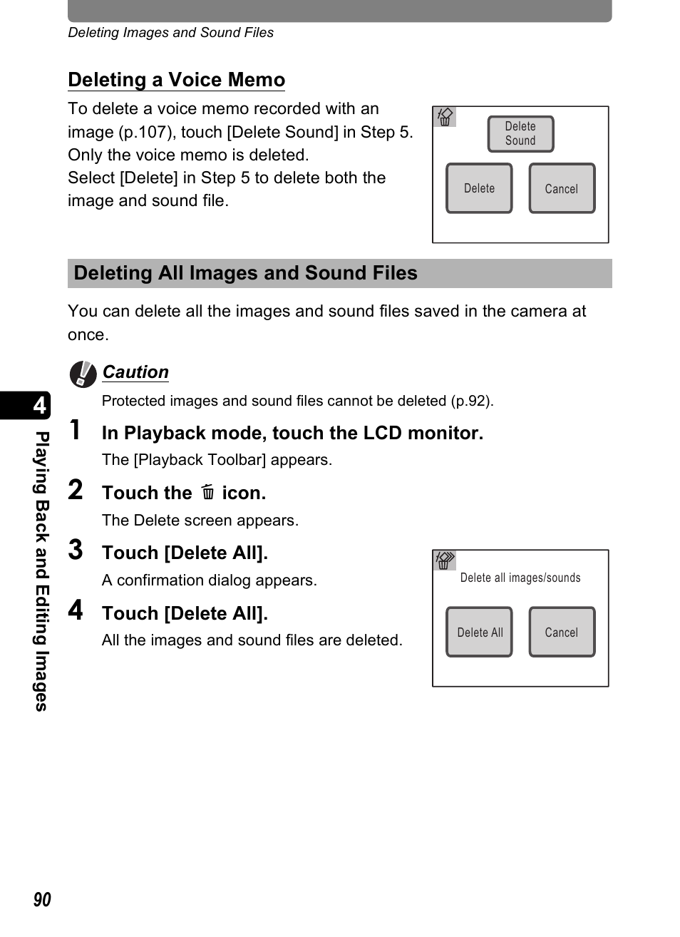 Deleting all images and sound files | Pentax Optio T20 User Manual | Page 92 / 168