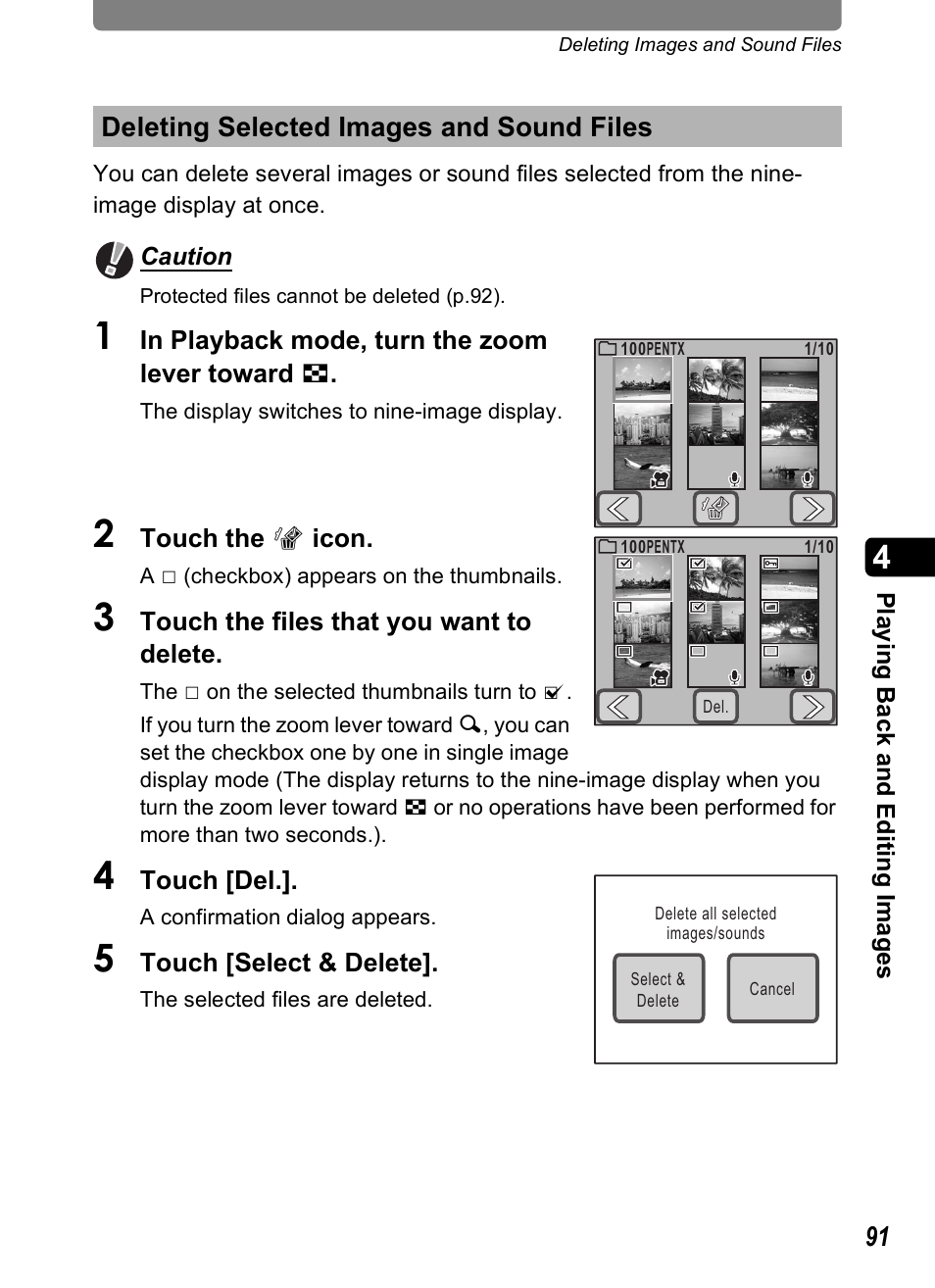 Deleting selected images and sound files | Pentax Optio T20 User Manual | Page 93 / 168
