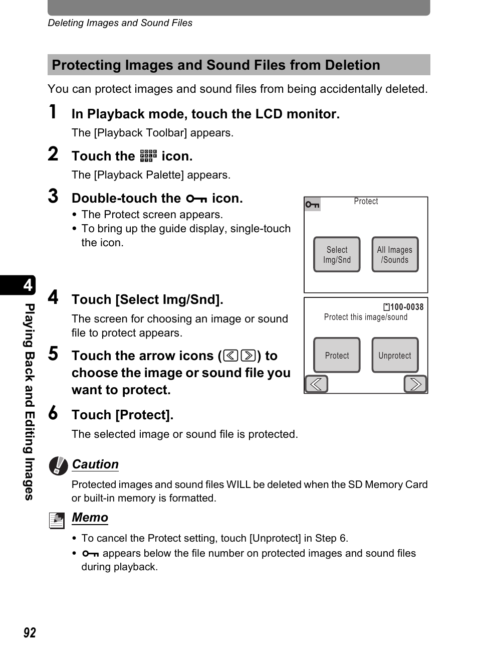 Protecting images and sound files from deletion, P.92 | Pentax Optio T20 User Manual | Page 94 / 168
