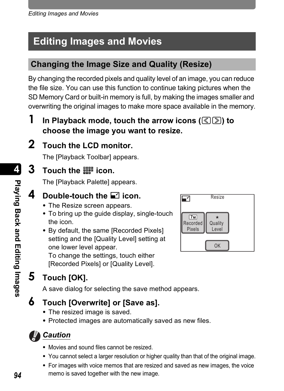 Editing images and movies, Changing the image size and quality (resize), P.94 | P.94) | Pentax Optio T20 User Manual | Page 96 / 168