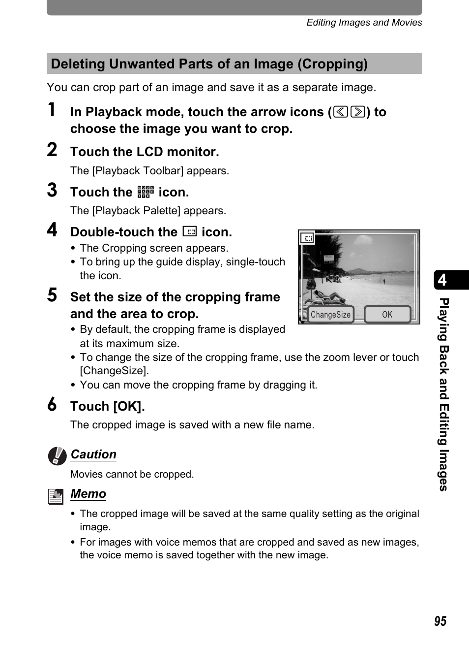 Deleting unwanted parts of an image (cropping), P.95), P.95 | Pentax Optio T20 User Manual | Page 97 / 168