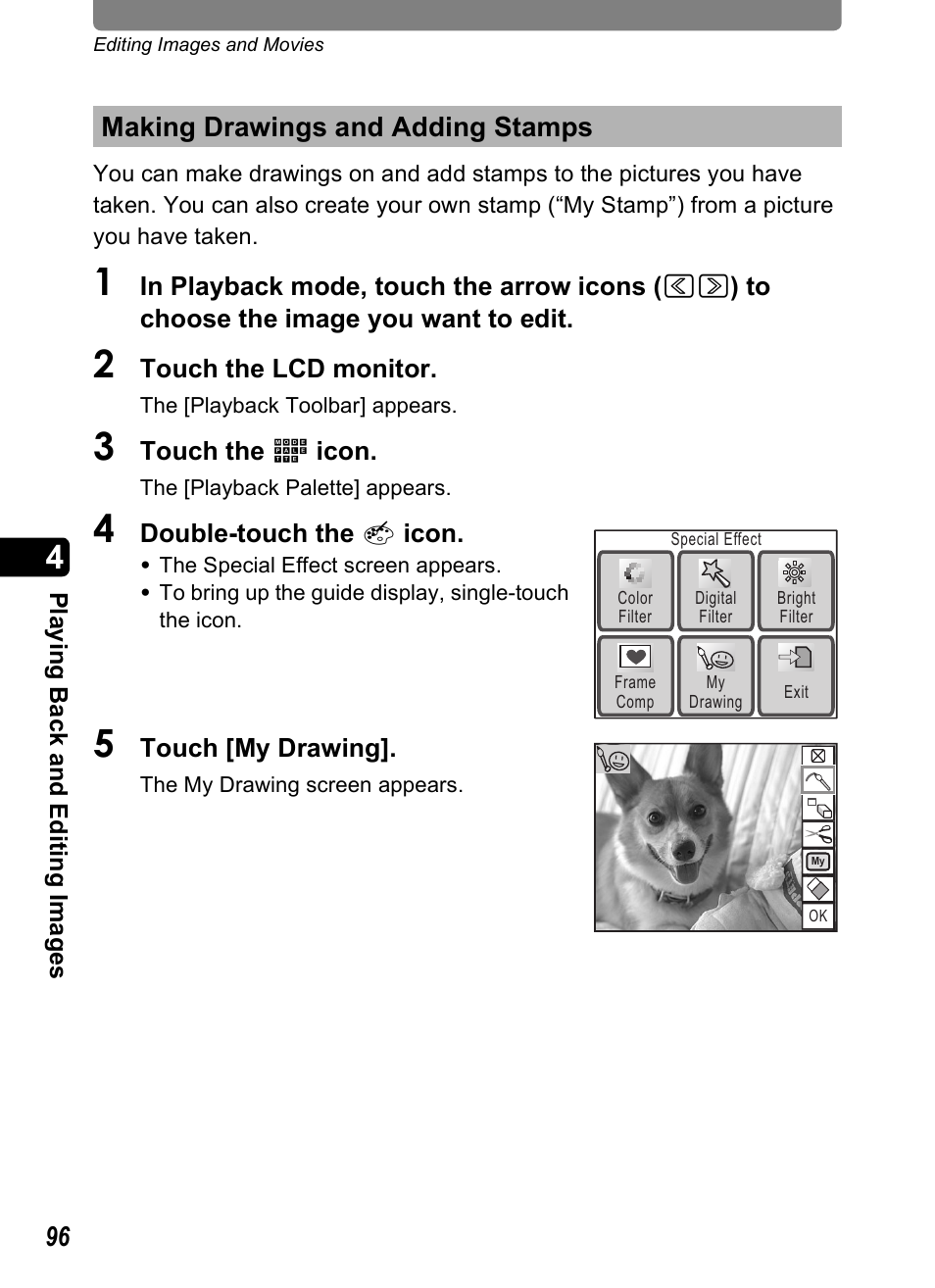 Making drawings and adding stamps, E (p.96), P.96) | D more (p.96, P.96 | Pentax Optio T20 User Manual | Page 98 / 168
