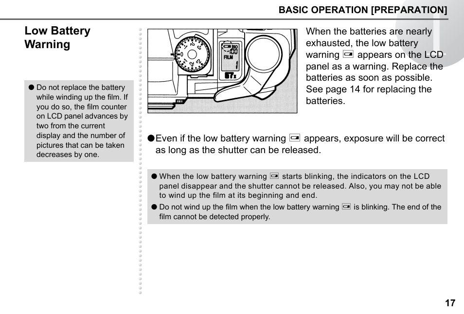 Low battery warning | Pentax 67II User Manual | Page 19 / 84