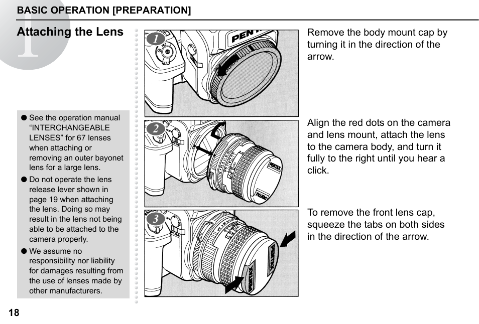 Attaching the lens | Pentax 67II User Manual | Page 20 / 84