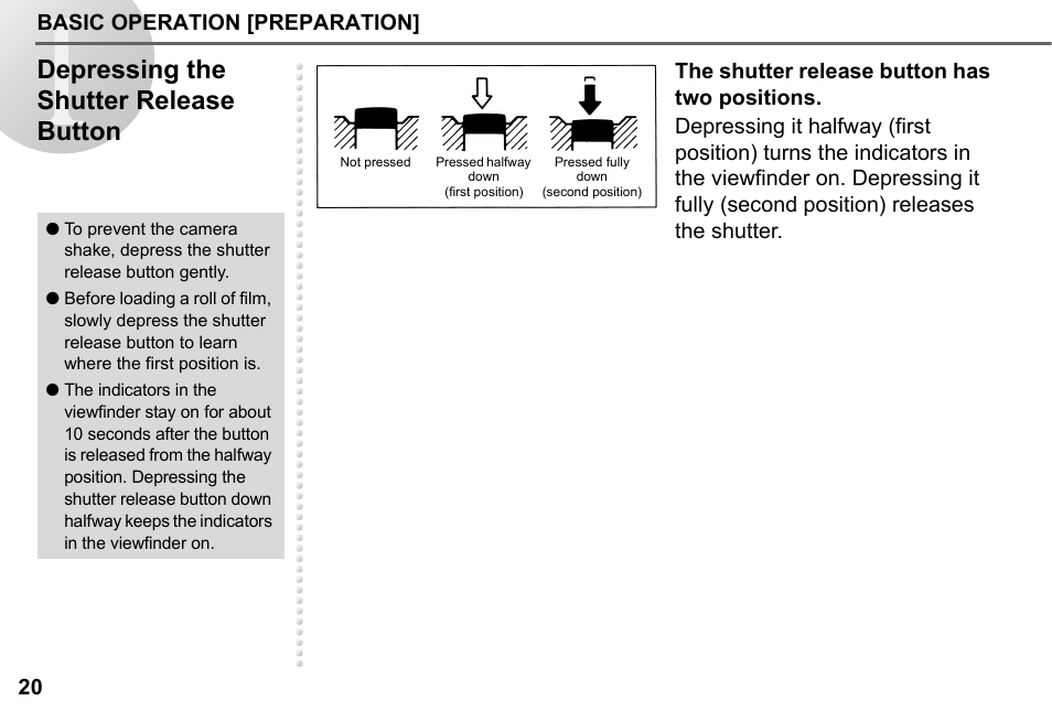 Depressing the shutter release button, Basic operation [preparation] 20 | Pentax 67II User Manual | Page 22 / 84