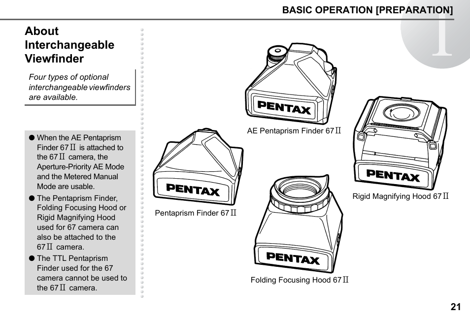 About interchangeable viewfinder | Pentax 67II User Manual | Page 23 / 84