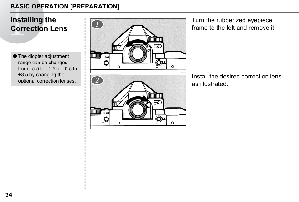 Installing the correction lens | Pentax 67II User Manual | Page 36 / 84