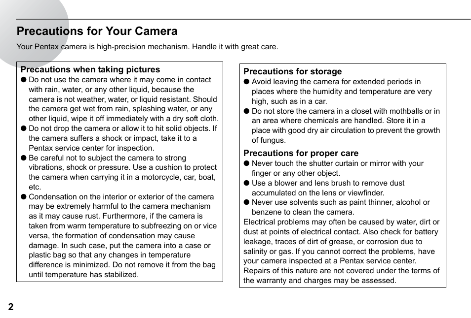 Precautions for your camera | Pentax 67II User Manual | Page 4 / 84