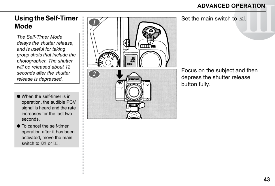 Using the self-timer mode | Pentax 67II User Manual | Page 45 / 84