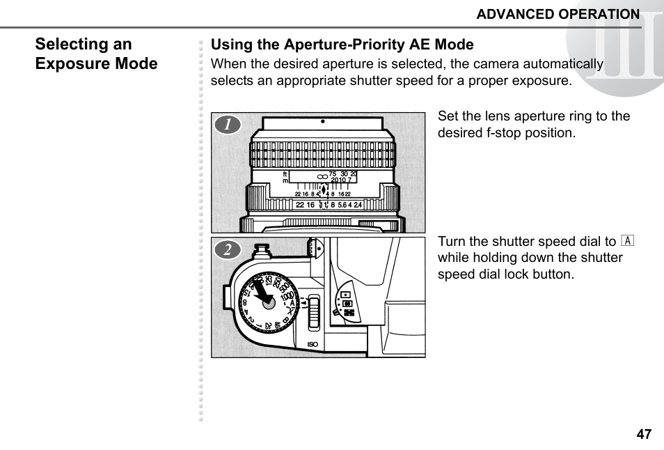 Selecting an exposure mode, Using the aperture-priority ae mode | Pentax 67II User Manual | Page 49 / 84