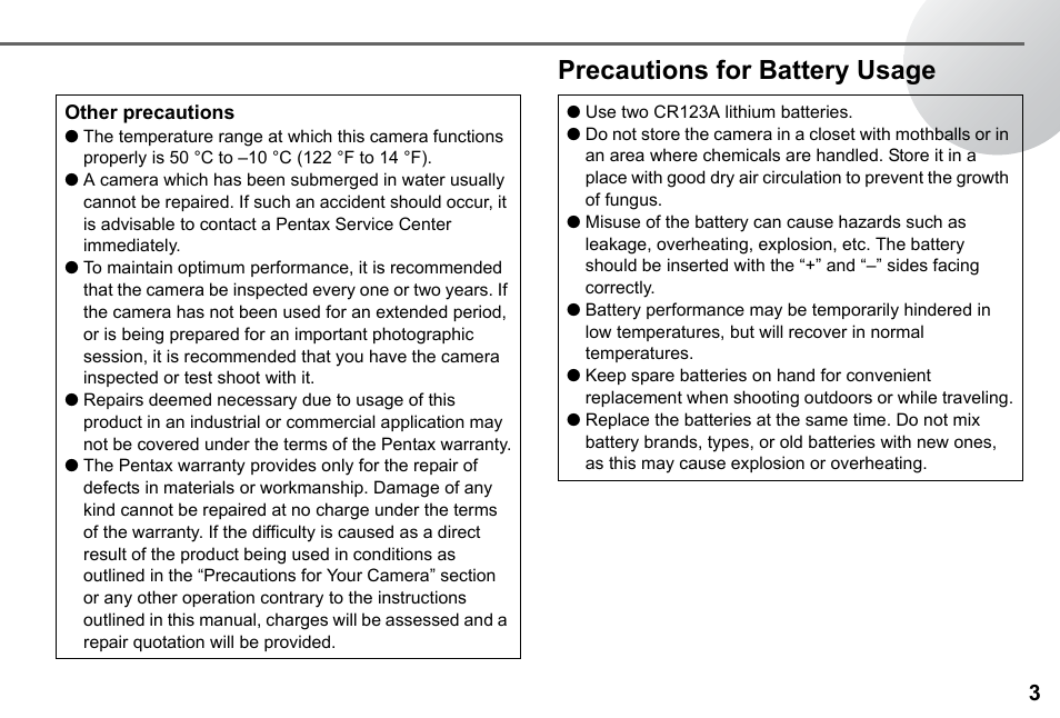 Precautions for battery usage | Pentax 67II User Manual | Page 5 / 84