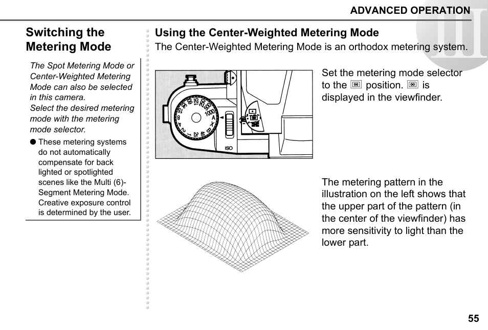 Switching the metering mode, Using the center-weighted, Metering mode | Pentax 67II User Manual | Page 57 / 84