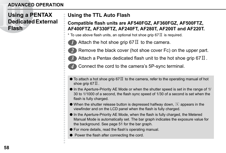 Using a pentax dedicated external flash, Using the ttl auto flash | Pentax 67II User Manual | Page 60 / 84