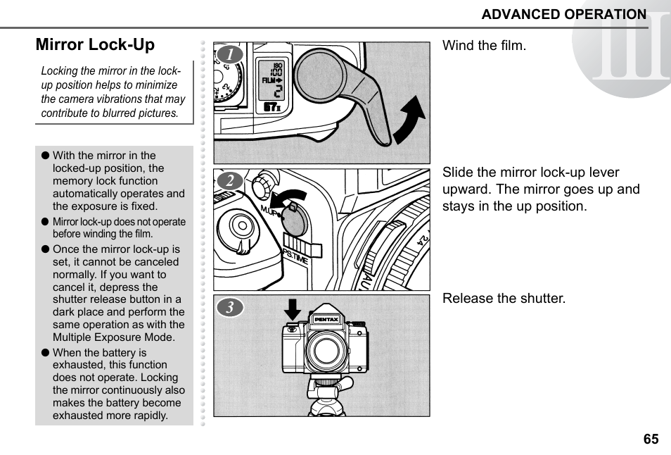 Mirror lock-up, Mirror look-up | Pentax 67II User Manual | Page 67 / 84