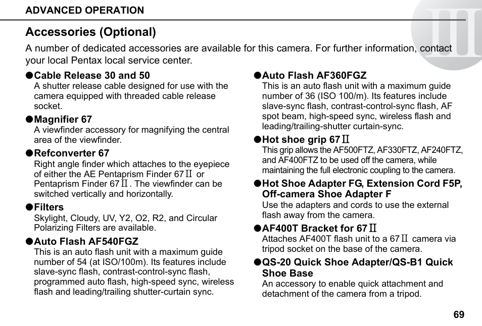 Accessories (optional) | Pentax 67II User Manual | Page 71 / 84