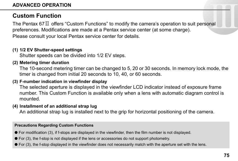 Custom function | Pentax 67II User Manual | Page 77 / 84