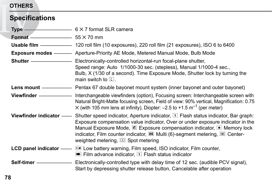Specifications | Pentax 67II User Manual | Page 80 / 84