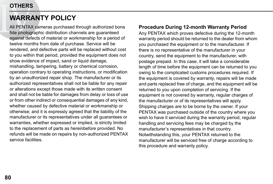 Warranty policy | Pentax 67II User Manual | Page 82 / 84