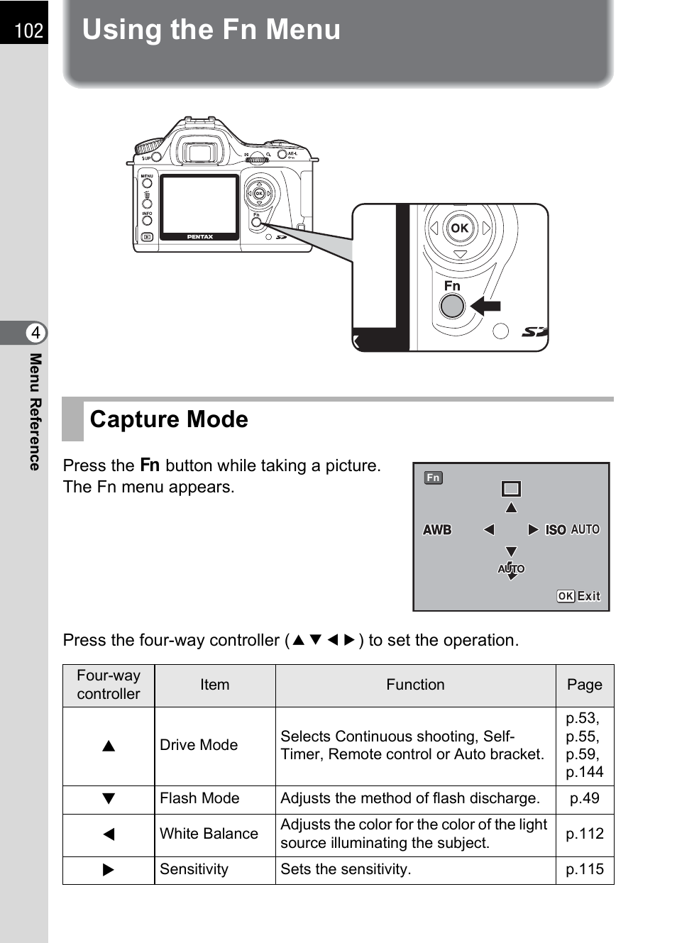 Using the fn menu, Capture mode, P.102 | P.102), Ng operation. (p.102) | Pentax DS2 User Manual | Page 104 / 212