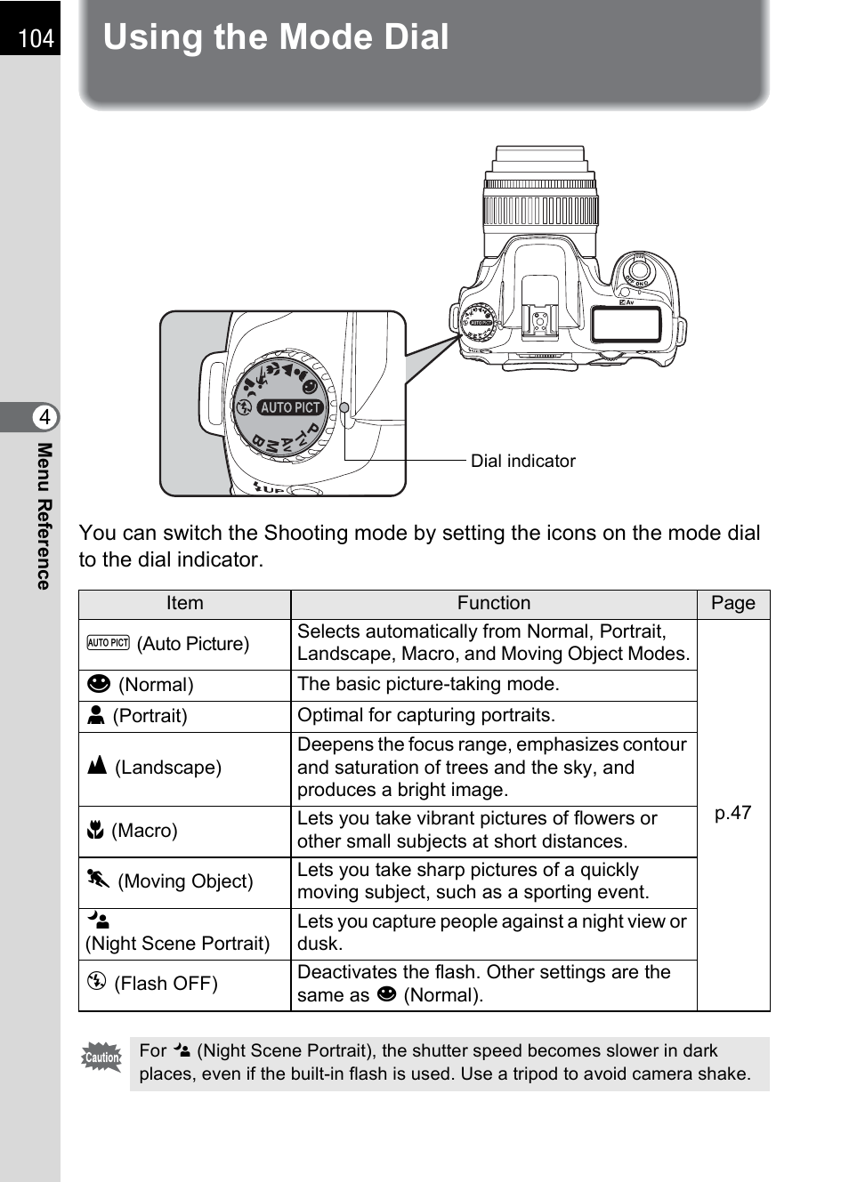 Using the mode dial, P.104), G mode. (p.104 | Pentax DS2 User Manual | Page 106 / 212