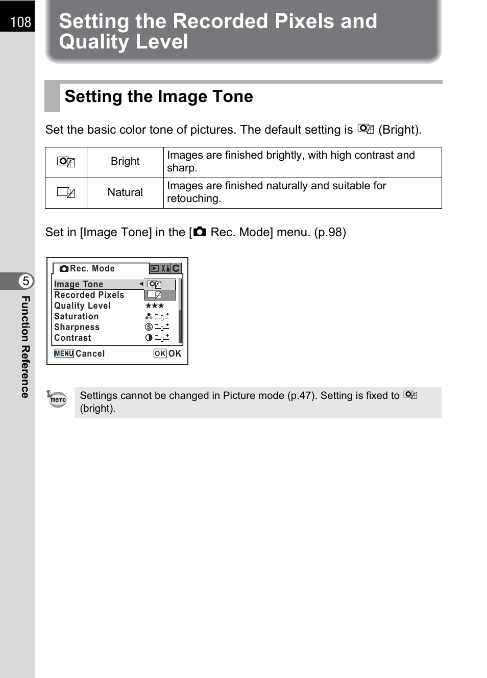 Setting the recorded pixels and quality level, Setting the image tone, P.108 | P.108) | Pentax DS2 User Manual | Page 110 / 212