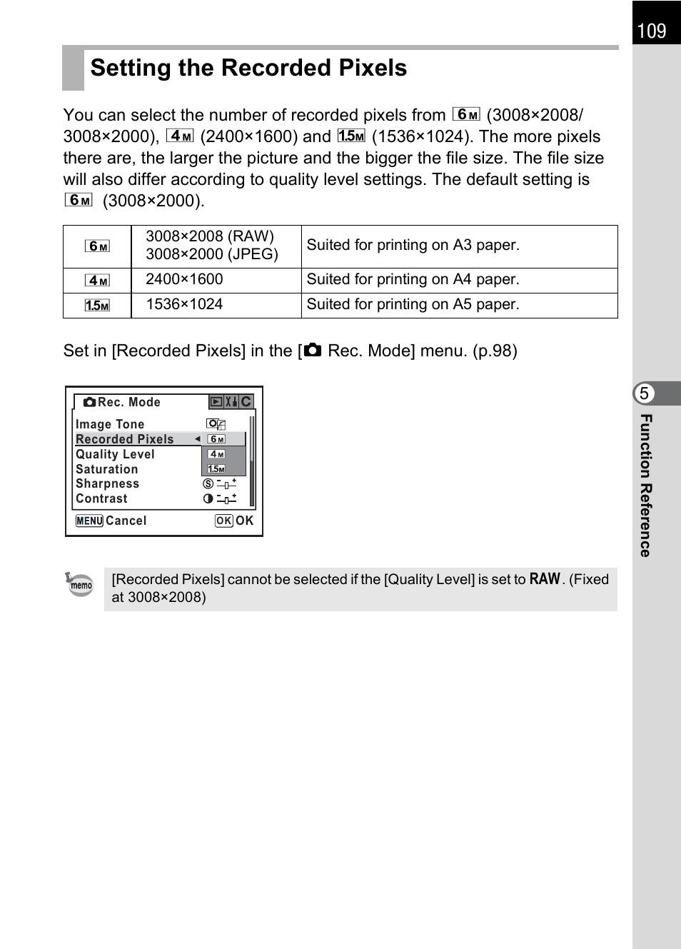 Setting the recorded pixels, P.109), P.109 | Pentax DS2 User Manual | Page 111 / 212